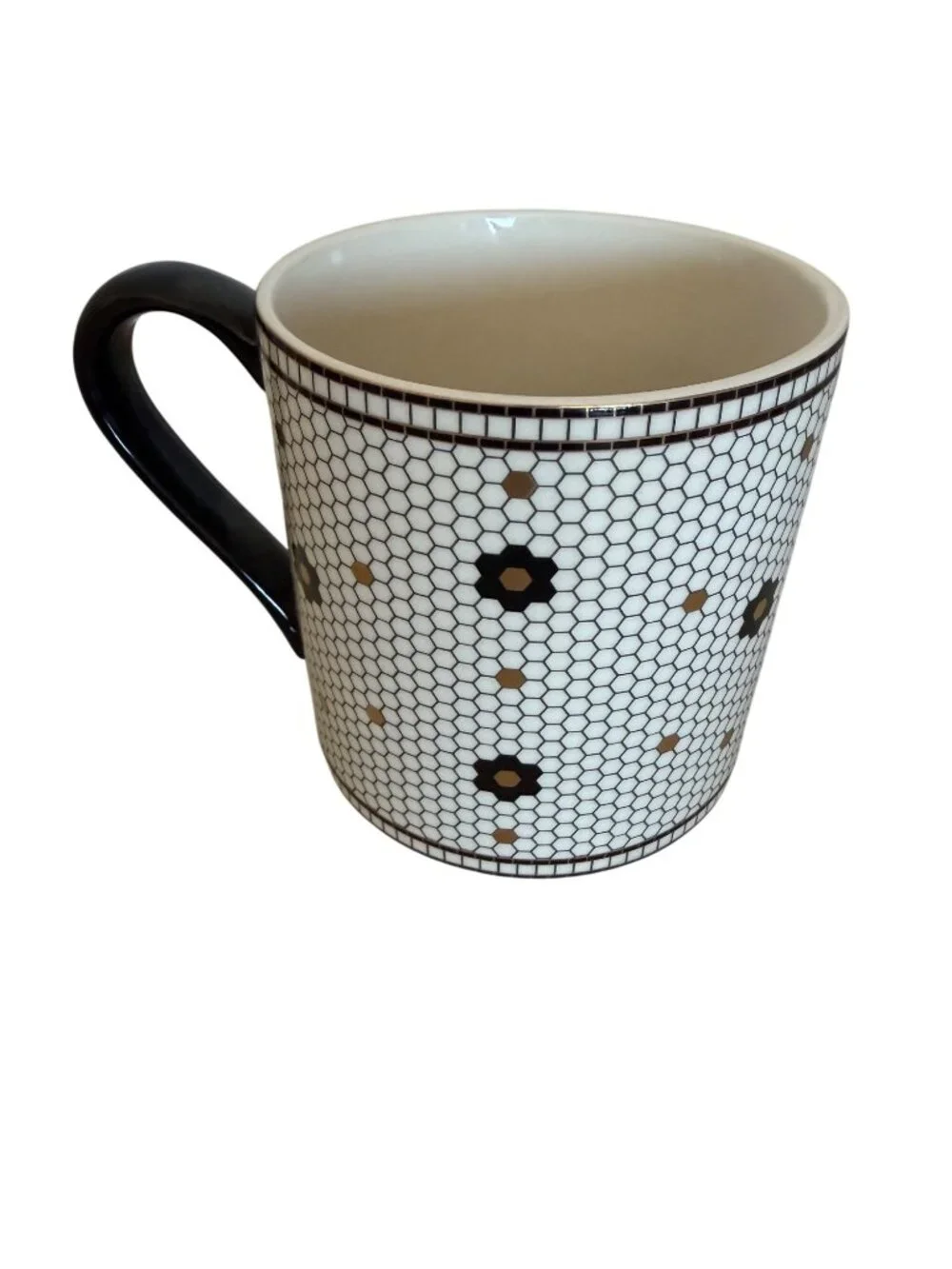 Anthropologie Mosaic Monogram E Coffee Mug With Black Handle & Hexagon Tile